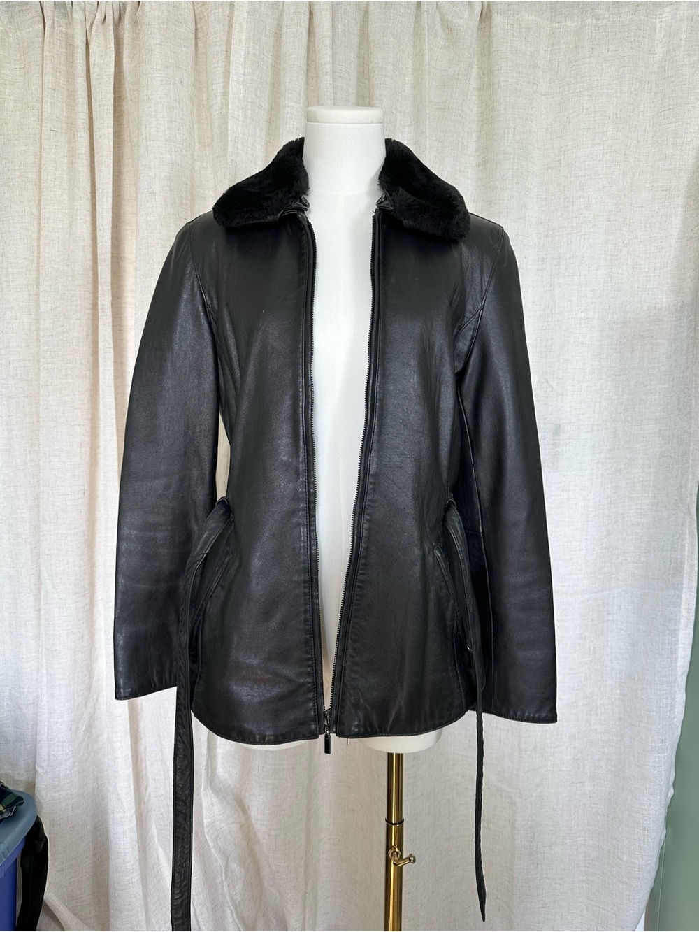 Classic Black Leather Jacket with Plush Collar